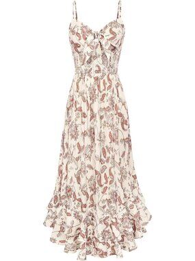 Women's Beige Boho Floral Maxi Sundress Beach Dress With Pockets